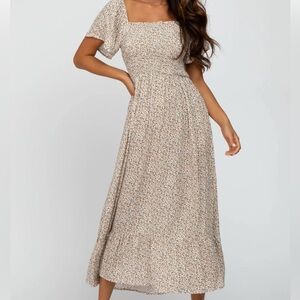 Floral Print Smocked Square Neck Midi Dress